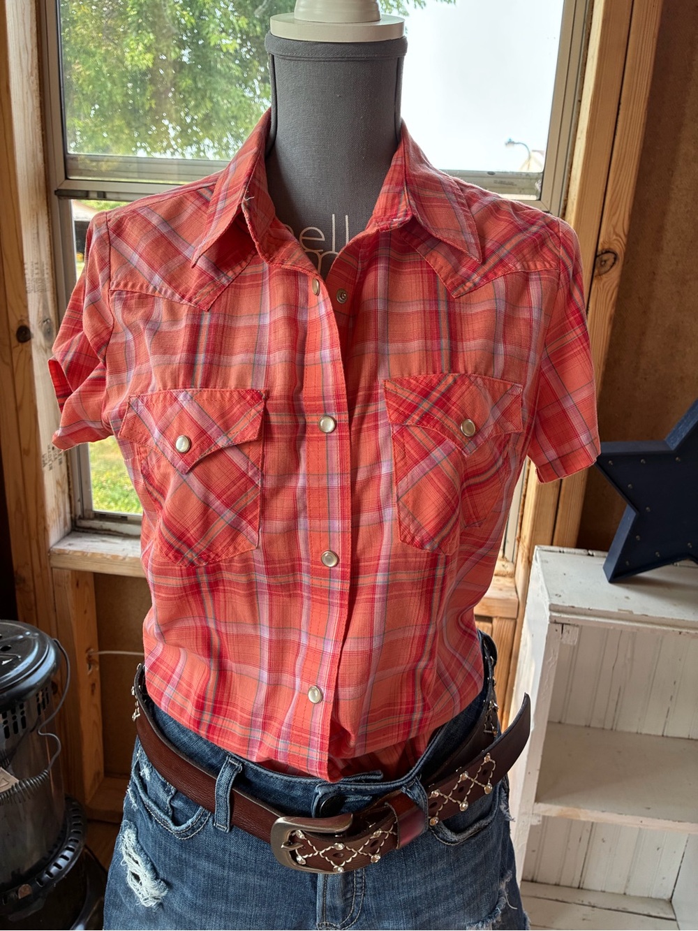 Wrangler Coral Pink Plaid Short-Sleeve Button-Down Shirt